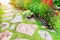 BeautifulÃƒÆ’Ã†â€™ÃƒÂ¢Ã¢â€šÂ¬Ã…Â¡ÃƒÆ’Ã¢â‚¬Å¡Ãƒâ€šÃ‚Â garden and stone path and  blooming flower and tree with green leaves